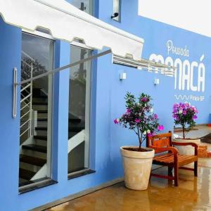 a house with a blue wall and a plant in a pot at Pousada Manacá in Piraju