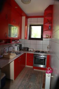 eine Küche mit roten Schränken, einer Spüle und einem Herd in der Unterkunft HSH Apartments in Sarajevo