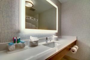 a bathroom with a sink, mirror, and toilet at Holiday Inn Express & Suites Aurora - Naperville, an IHG Hotel in Aurora