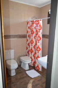 a bathroom with a toilet and a shower curtain at DUPLEX EXCELENTE!!! De SUSY RENTAL in Malargüe +30 photos