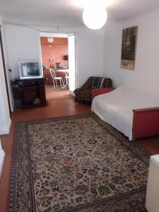 1 dormitorio con 1 cama, TV y alfombra en Casa Canal Chacao - Viña Del Mar, en Viña del Mar