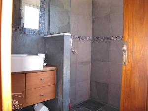y baño con ducha y lavamanos. en Delamar suites, en La Paloma
