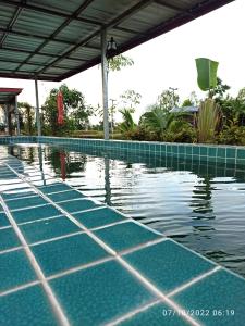 a swimming pool with blue tiles in the water at homestay568 Branch 2 in Muang Suang