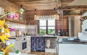 a kitchen with wooden walls and a large window at Awesome Home In Milakowo With 4 Bedrooms in Miłakowo