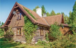 a log cabin with ivy growing on the side of it at 4 Bedroom Stunning Home In Milakowo in Miłakowo