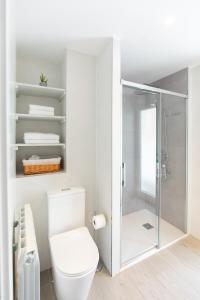 biała łazienka z toaletą i prysznicem w obiekcie Apartamento Foro Romano w Saragossie