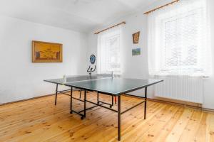 a ping pong table in a room with two windows at Za řekou in Mladé Buky