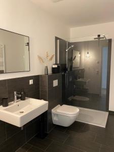 a bathroom with a sink and a toilet and a shower at Apartmenthaus Stade Schwingewiesen Apartment 7 in Stade