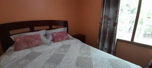 a bedroom with a bed with pink and white pillows at Refugio de montaña in Melipeuco