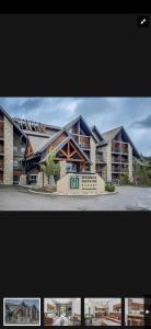 two pictures of a building with a sign in front of it at Canmore Mountain Retreat. Hot Tub, Pool, King Bed! in Canmore