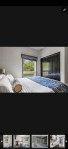 two pictures of a bedroom with a bed and a window at Canmore Mountain Retreat. Hot Tub, Pool, King Bed! in Canmore