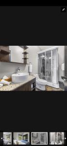 two pictures of a bathroom with a sink and a toilet at Canmore Mountain Retreat. Hot Tub, Pool, King Bed! in Canmore