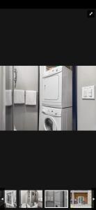 uma cozinha com uma máquina de lavar roupa e um frigorífico em Canmore Mountain Retreat. Hot Tub, Pool, King Bed! em Canmore