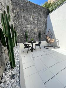 a patio with a table and chairs and a cactus at Suite Élite in Catania