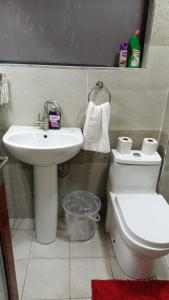 een badkamer met een witte wastafel en een toilet bij Lux Suites Kileleshwa Business Studio Apartment in Nairobi