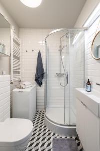 La salle de bains est pourvue d'une douche, de toilettes et d'un lavabo. dans l'établissement Komfortowy apartament z parkingiem, à Wrocław