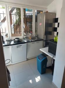 a kitchen with a refrigerator and a sink and a table at Crew Lighthouse in Antibes