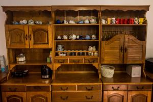 a kitchen with wooden cabinets and a counter top at Casa Flavius in Văliug