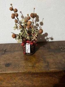 um vaso com flores em cima de uma mesa em Casa Tía Modesta es una cálida y acogedora casa rural em Cabezas Bajas