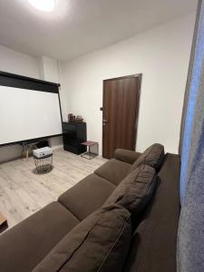 un sofá en una sala de estar con pantalla en Large 3 bedroom apartment with city skyline view, en Karlovy Vary