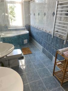 uma casa de banho com uma banheira, um WC e um lavatório. em Large 3 bedroom apartment with city skyline view em Karlovy Vary