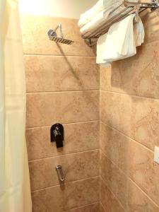 uma casa de banho com chuveiro e cabeça de chuveiro em The Sarai, Hotel em Jaipur