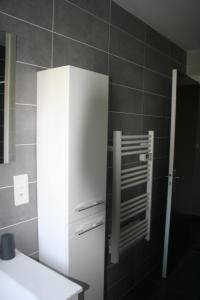 a white refrigerator in a bathroom with a tile wall at Appartement Chez Pascaline in Saint-Jean-Pied-de-Port