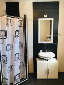 a bathroom with a sink and a shower curtain at Apartment MiaAntonia in Vrsi