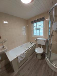 a bathroom with a tub and a toilet and a sink at Corofin Lake Cottages in Corrofin