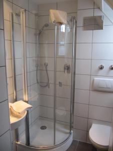 W łazience znajduje się prysznic ze szklanymi drzwiami. w obiekcie Hotel KRONE Garni w mieście Deckenpfronn