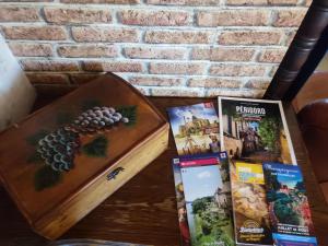 einen Tisch mit zwei Büchern und einer Schachtel Trauben in der Unterkunft Maison de vacances en Dordogne in Lanquais