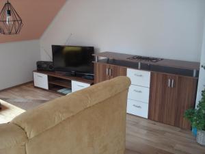 a living room with a couch and a flat screen tv at Ferienwohnung Auris in Cranzahl