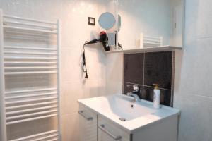 Un baño con lavabo, espejo y ducha. en Luwiana Suites, en Liubliana 40 fotos más