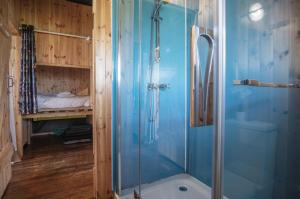 a shower with a glass door in a bathroom at Three Cliffs - Safari Glamping Tent - Llangennith in Llangennith +22 photos
