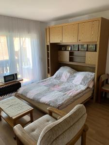 una camera con un grande letto e una sedia di Black Forest a Herrischried