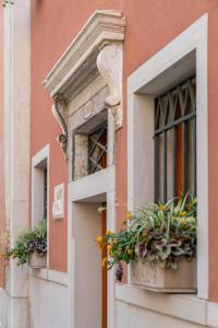 een gebouw met potplanten op de ramen bij Palazzo San Luca in Venetië