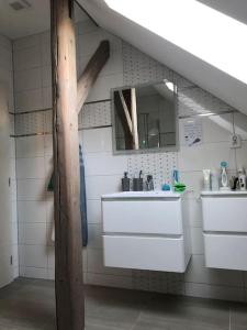 een badkamer met een wastafel en een spiegel bij Vila se zahradou a s parkováním v ceně in Jablonec nad Nisou
