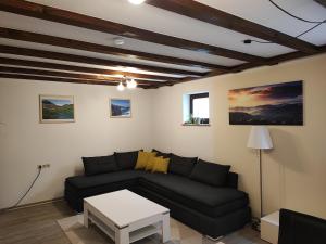 ein Wohnzimmer mit einer schwarzen Couch und einem Tisch in der Unterkunft Ferienwohnung Nagelfluh Allgäu in Oberreute + 7 Fotos