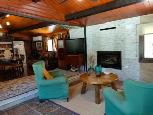 a living room with blue chairs and a fireplace at CABAÑA DE MADERA JUNTO AL LAGO LAS JARAS in Córdoba