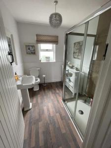 a bathroom with a shower and a toilet and a sink at Holiday Home- Portballintrae in Portballintrae