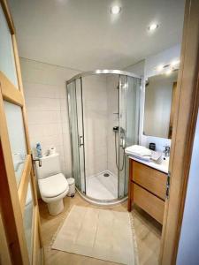a bathroom with a shower and a toilet and a sink at Maison de Ville Lumineuse centre ville à pieds - Lit 160 in Quimper