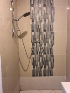 a shower with a shower head in a bathroom at Single Room with Shared Kitchen and Living Room in Suva