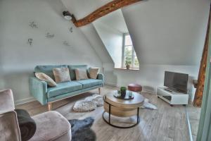 a living room with a couch and a tv at Superbe appartement centre-ville in Nogent-le-Roi
