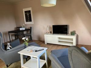 een woonkamer met blauwe stoelen en een tv bij Hotel De Oude Molen in Groesbeek