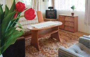 a living room with a coffee table and red roses at Holiday Home Morag Kretowiny V in Pojezierce