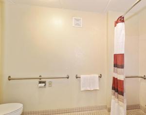 a bathroom with a toilet and a shower at Red Roof Inn Akron in Akron
