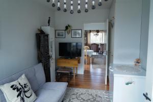 a living room with a couch and a television at Brahenkatu Apartment in Kajaani