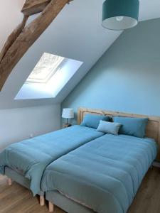 a bedroom with a blue bed with a skylight at Gîte Le carré 1869 in Landas