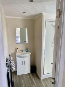 een badkamer met een wastafel, een spiegel en een douche bij Unwind@36 Lodge in Felton