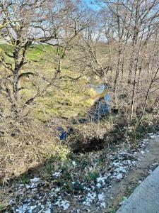 een rivier met sneeuw op de grond en bomen bij Unwind@36 Lodge in Felton